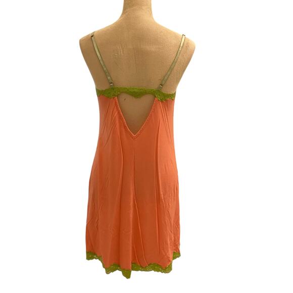 Betsey Johnson Orange and Green Size Large Nighty Cotton and Lace Slip Y2K - Picture 2 of 15